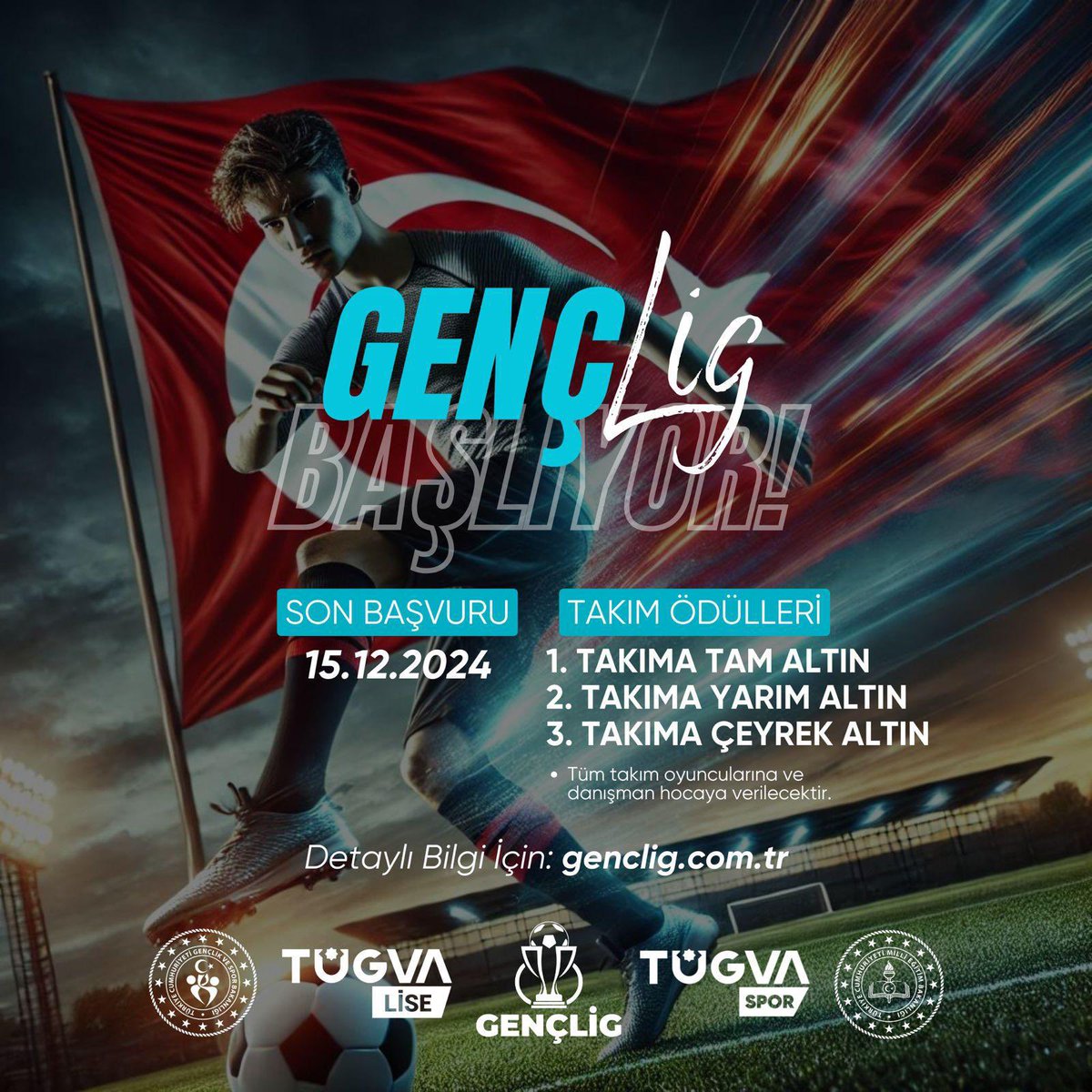 Geleceğin süper yıldızları Liseler Arası Futbol Turnuvası TÜGVA #GençLig'de sahaya çıkıyor! ⚽️

Kıyasıya mücadele edip yıldızını parlatmaya hazır mısın? ⭐️

Şimdi sahne senin! Yeteneklerini gösterme zamanı! 

Detaylı bilgi ve başvuru: genclig.com.tr