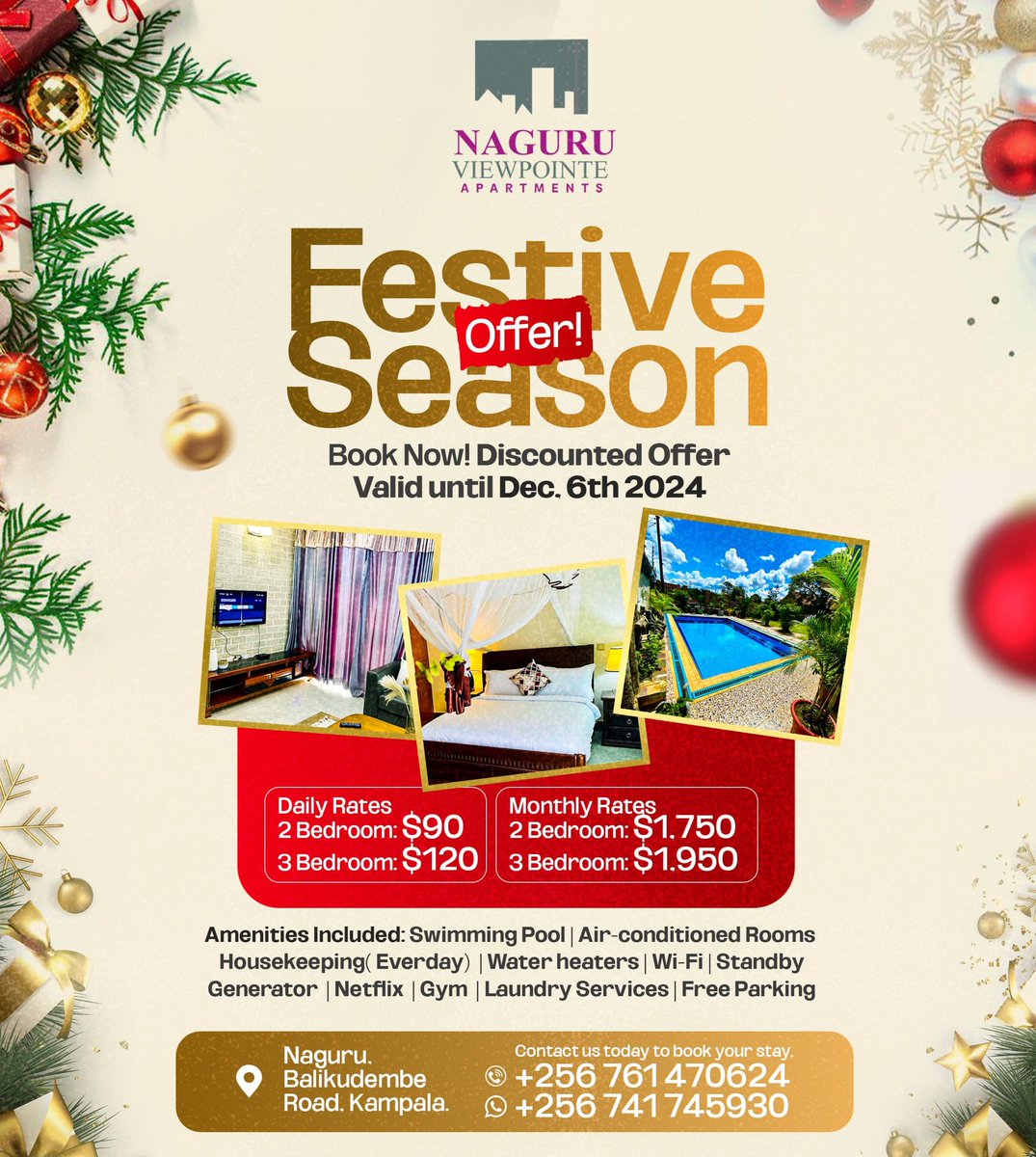 NaguruViewHomes's tweet photo. Start of a new month with a Festive Season Offer from Naguru ViewPointe Apartments!

We are spreading the cheer with a limited time offer you won't want to miss! 
Have a blessed Sunday  🙏 

#WorldAIDSDay
#december1st #Airbnb #Accommodation  #Kampala #ApartmentRentals #staycation https://t.co/wmu9sqPDXE