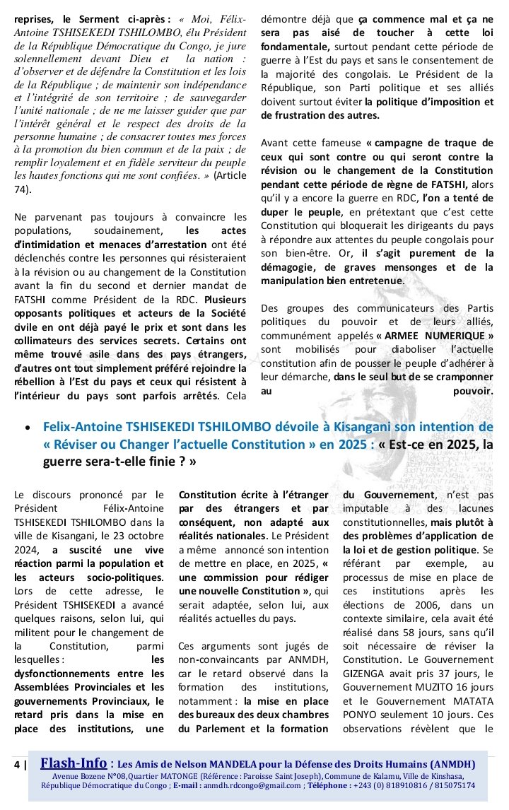 anmdhcongo's tweet photo. #RDC : « Tentatives de "réviser" ou "changer" la CONSTITUTION de la RDC : La RDC souffre d'une KLEPTOCRATIE et de DÉMAGOGIE, et non d'une mauvaise Constitution.»

Veuillez trouver ci-joint notre FLASH-INFO N°124 @anmdhcongo

NON AU CHANGEMENT ABUSIF DE LA CONSTITUTION DE LA RDC. https://t.co/1ZBZGLr5fh