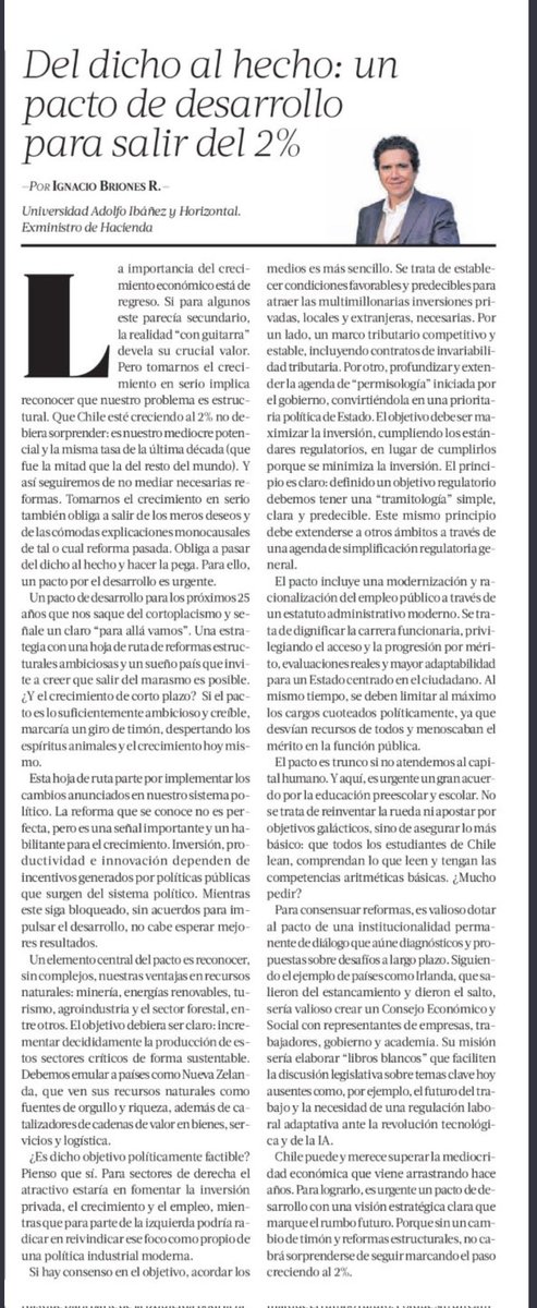 ignaciobriones_'s tweet image. Que estemos creciendo a un mediocre 2% no es algo nuevo. Es nuestro crecimiento potencial (Banco Central) y un problema estructural que lleva 10 años. De hacer nada, seguiremos así por otros 10.
Necesitamos un Pacto de Desarrollo ambicioso y con mirada larga. Comparto columna.