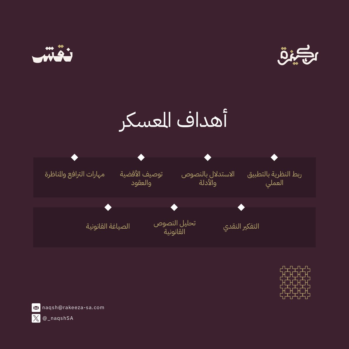 _NaqshSA's tweet photo. رحلة تطور، تعلم عميق، فرصة استثنائية

لأن السعي وراء المعرفة هو سر النجاح؛ نعلن عن فتح باب التسجيل للانضمام إلى معسكر نقش التدريبي، حيث تتكامل المعرفة النظرية مع التجربة العملية لصقل مهاراتكم القانونية.
انضموا إلينا الان، وكونوا جزءًا من نقش
🔗https://t.co/y6Ni5S9ePu https://t.co/6Kt1W6c6f2