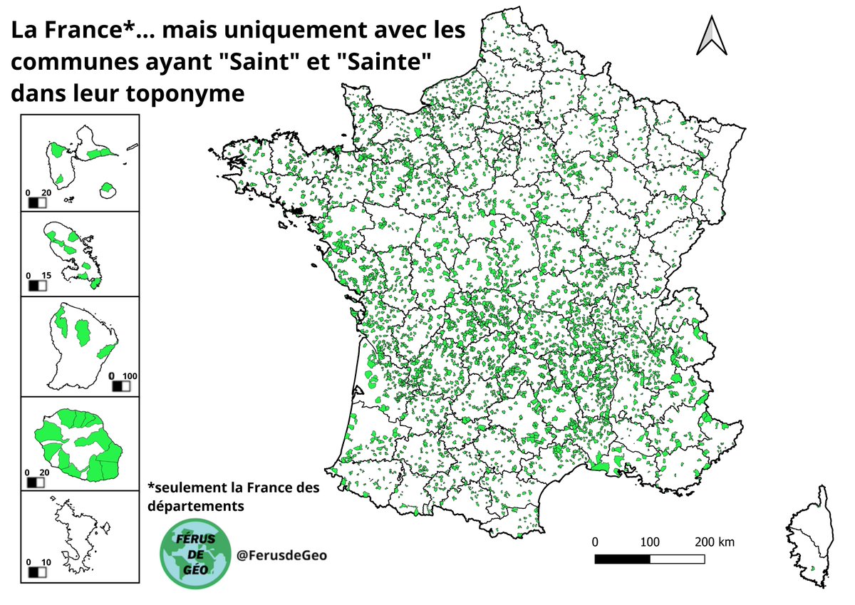 FerusdeGeo's tweet photo. Carte inutile donc indispensable, épisode 5 :        

La France... mais uniquement avec les communes ayant "Saint" et "Sainte" dans leur toponyme https://t.co/9bNKoZW8iN