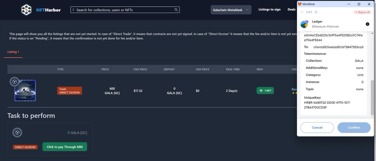 Almost there! Below you will see how the system works when someone wants to enable a direct escrow listing on Galachain MM. Just click the button and the system will guide you.