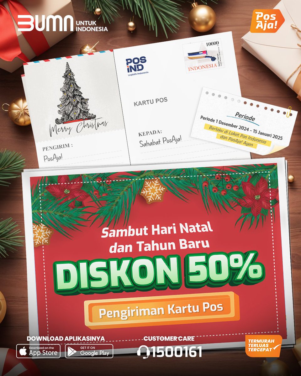 PosAjaOfficial's tweet photo. Halo, Sahabat PosAja! 🧡

Spesial menyambut Hari Natal dan Tahun Baru, setiap pengiriman kartu pos ke seluruh Indonesia akan dapat diskon 50% loh‼️

#MajuBersamaUMKM #PestaUMKMAkhirTahun #PosAja! #PosIND #KirimPaket #PromoNatal #PromoTahunBaru #Nataru #KartuPos #DiskonOngkir https://t.co/TIv6PRAisS