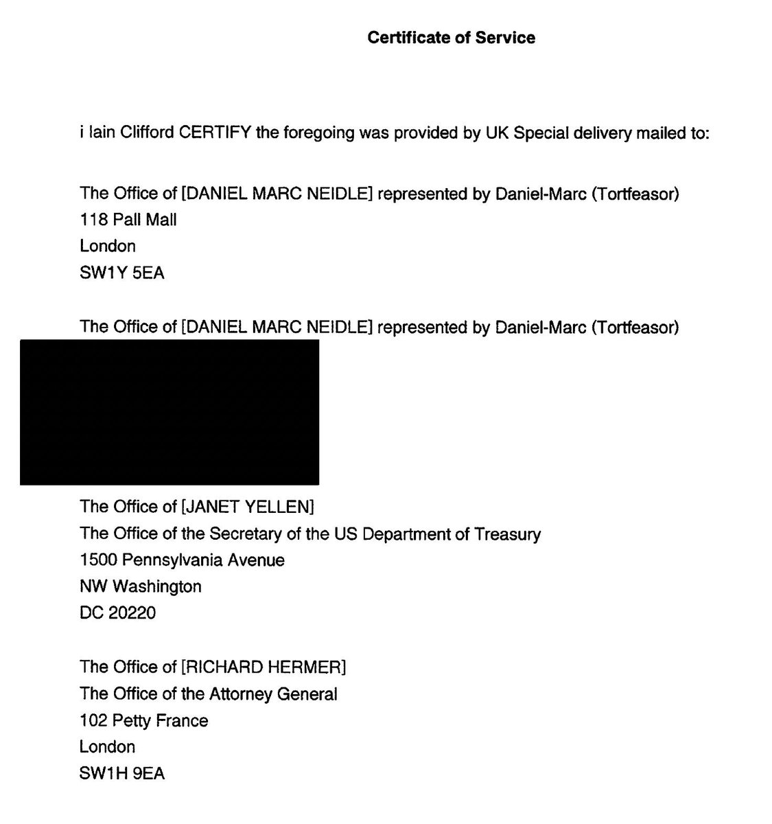 I often get legal threats. This one's a little different - it's printed on blue ink, babbles incomprehensibly about mail fraud, and was also served on Janet Yellen and Richard Hermer (UK attorney general). A quick thread about why this isn't funny.