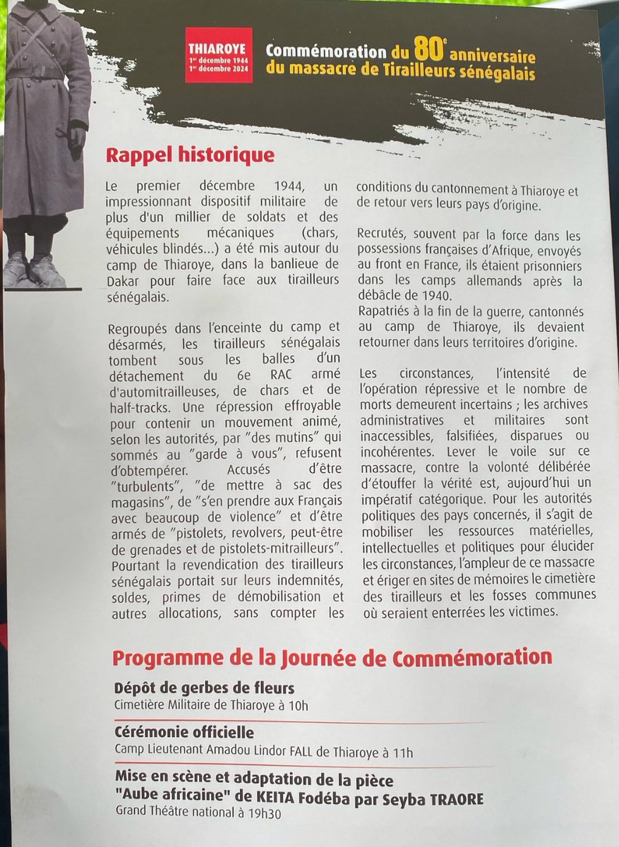 Je suis profondément touché par la commémoration très émouvante et digne du 80e anniversaire du massacre de #Thiaroye, présidée par Son Excellence le Président Bassirou Diomaye FAYE, en hommage aux tirailleurs senegalais  tués par les forces coloniales françaises le 1er décembre