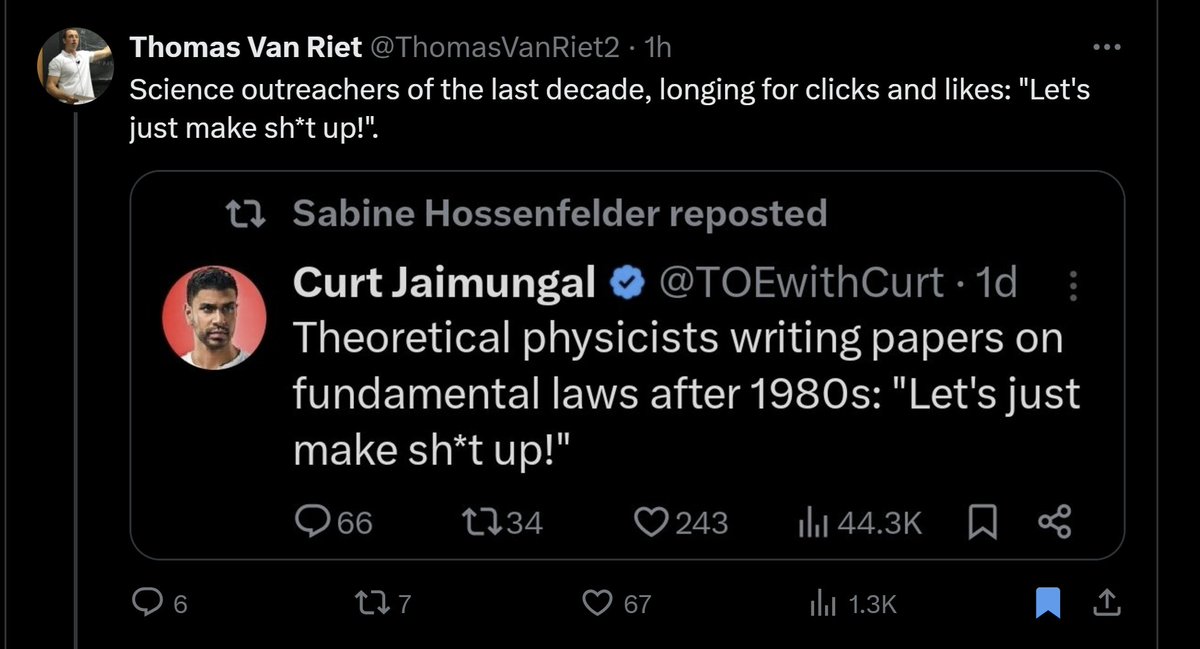 skdh's tweet photo. How much longer, do you think, will all those theoreticians in the foundations of physics get away with producing mathematical fiction on tax-payers cost? https://t.co/r5W8BodbhY