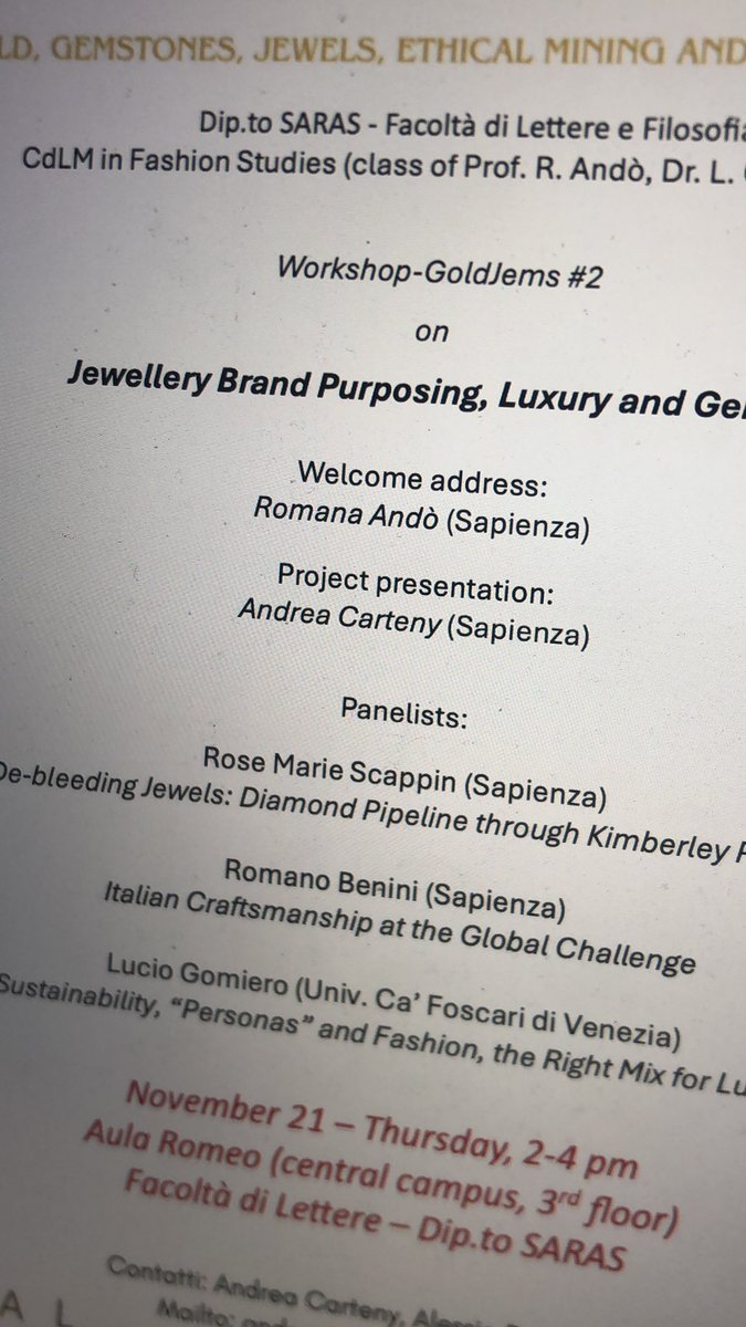 AlessiaRutigli2's tweet photo. #continued in the afternoon Nov. 21 with #jewellery #brandpurposing #luxury and #gold with #fashionstudies pres.cdlm R.Andò and R.M.#Scappin #debleedingjewels R.#Benini #italiancraftmanship L.#Gomiero #personasandfashion @bandicary #ethicalgoldmining #sustainablejewellery https://t.co/wsFyGFfgl9