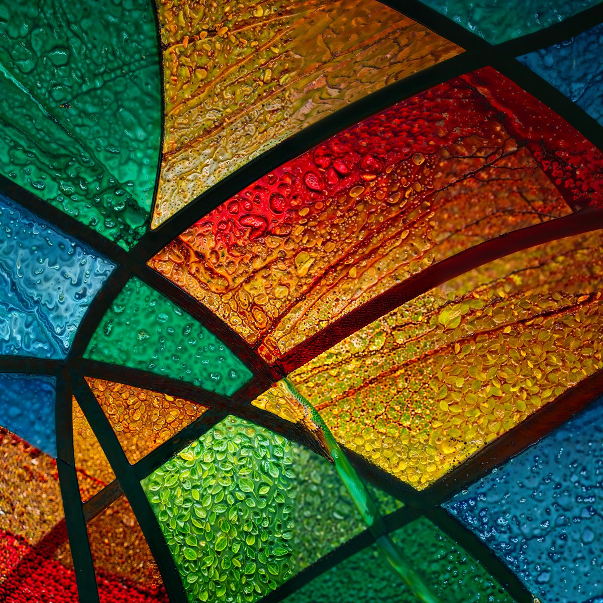 An AI Abstract 
Generated by #leonardoai from the hand-drawn-digitally-retouched source image 
The prompt  =" A stunning ３D abstract, surface detail, in the colors, red, orange, yellow, gole, emerald green, blue and sky blue, vvid and joyful"
Universal Upscale was added.