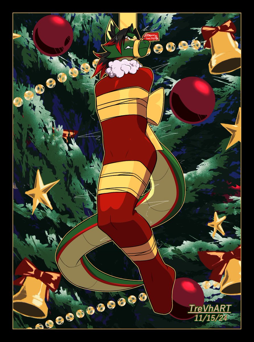 Art by <a href="/TreVhART_/">TreVhART🔞</a> featuring <a href="/GreenSneky/">Kingsneky 👑</a> 

It's Dec 1st so time to start putting up decorations and getting gifts ready

Thankfully this wrapped gatox is the best of both worlds!!

While a great gift, he makes such a cute decoration I might just store him until next year too...