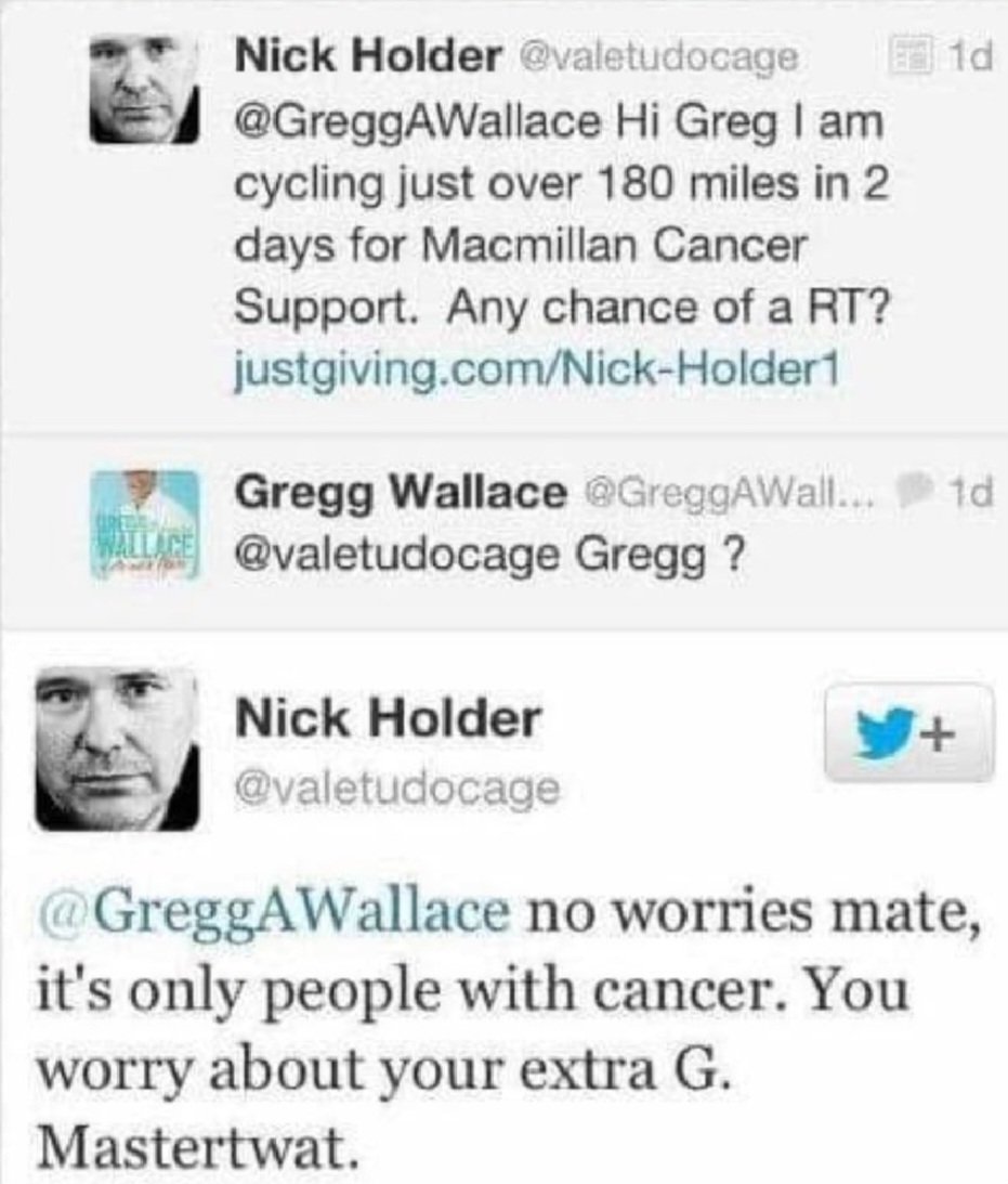 RIL1959's tweet image. #MiddleClassWomanOfaCertainAge if you really want to wind #greggwallace
up, why not just spell his name with just one G ?
I&apos;ve always thought he was a talentless twat who loved himself a bit too much but the reply to this tweet confirmed what a horrible arsehole he is as well.