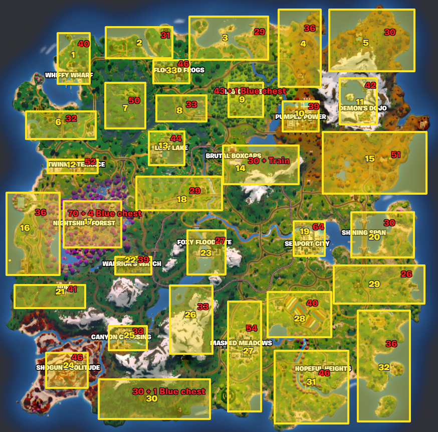 This is the first map ever that everyone can play uncontested.
-Yellow is numbered 1-33 and Red is chest count

The lowest chests/ worst drop is probably #29 but even if nobody landed there then only 1 team would be contested