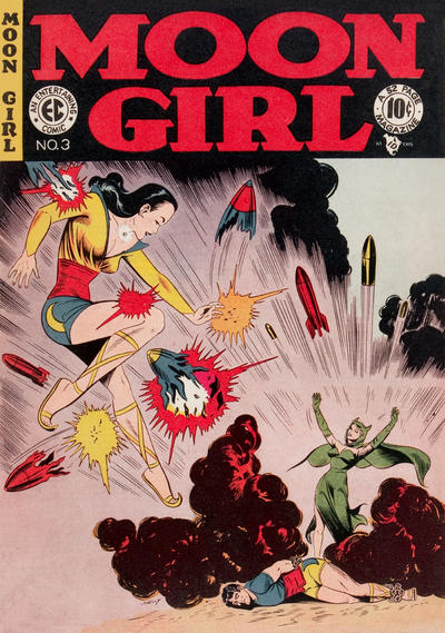 supermanpodcast's tweet photo. The cover to Moon Girl #3, Spring 1948, published by EC Comics, is the art for the month of December in @asgardpress's 2024 Vintage Golden Age Comic Book Calendar! https://t.co/7rPSdqHacn
