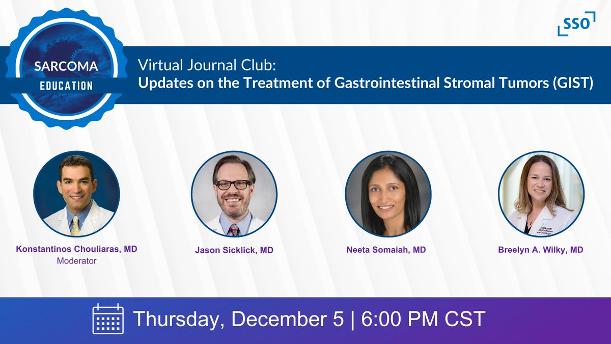 Society of Surgical Oncology (@socsurgonc) on Twitter photo Don't forget to mark your calendar and claim your spot in this insightful webinar reviewing important new data and discussing updates on the treatment of gastrointestinal stromal tumors (GIST). <a href="/JasonSicklick/">Jason Sicklick</a> <a href="/NeetaSomaiahMD/">Neeta Somaiah, MD</a> <a href="/breelynwilkyMD/">Breelyn Wilky, MD π</a>
Register Now: ow.ly/lZWb50U86f3 Don't forget to mark your calendar and claim your spot in this insightful webinar reviewing important new data and discussing updates on the treatment of gastrointestinal stromal tumors (GIST). <a href="/JasonSicklick/">Jason Sicklick</a> <a href="/NeetaSomaiahMD/">Neeta Somaiah, MD</a> <a href="/breelynwilkyMD/">Breelyn Wilky, MD π</a>
Register Now: ow.ly/lZWb50U86f3
