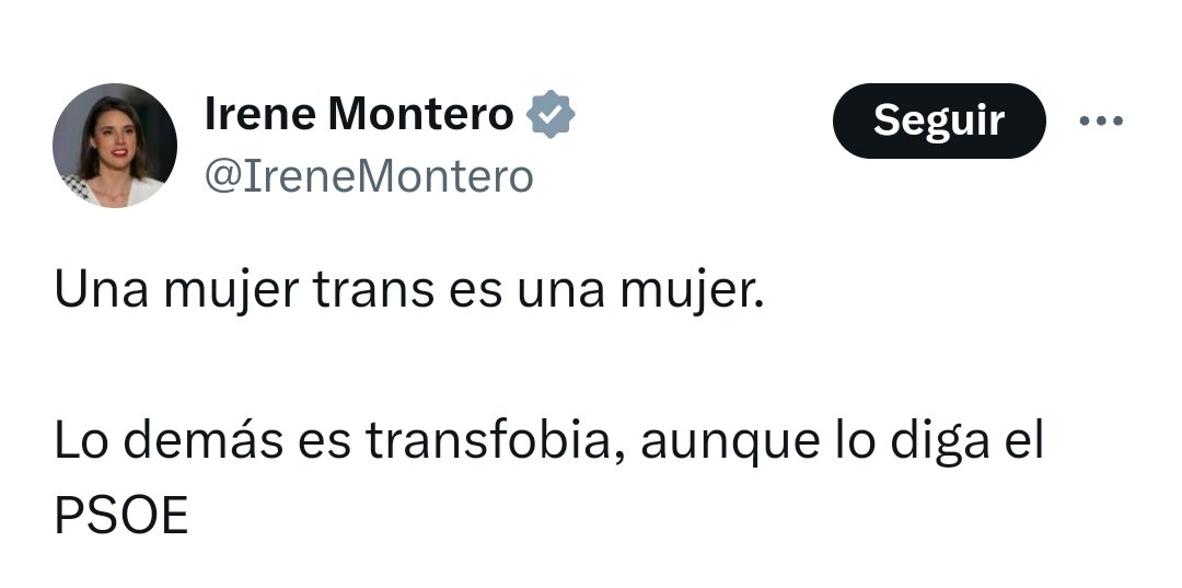 patriciasornosa's tweet photo. El único requisito para ser una "mujer trans" es ser un hombre.
Lo demás es misoginia, aunque lo diga el PSOE, PODEMOS, VOX, el PP, SUMAR, MULTIPLICAR o RESTAR. https://t.co/4uc8bLnQsu