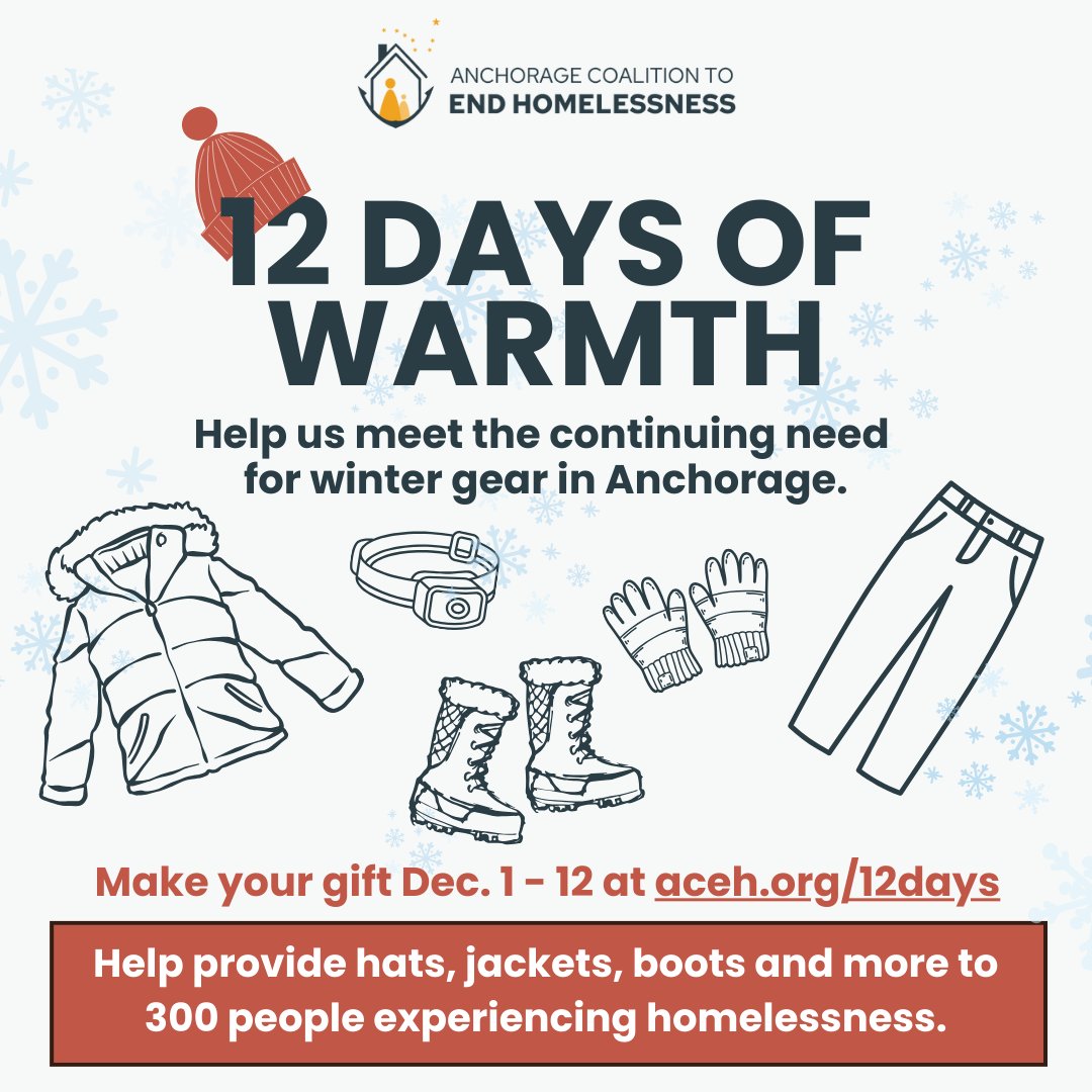 ANCHomeless's tweet photo. Help us outfit 300 of our unhoused neighbors with head-to-toe winter gear in 12 days! 

We are kicking off 12 Days of Warmth TODAY!  Learn more and make a difference: https://t.co/tLj6UhXRH8.

#12DaysofWarmth #AnchorageGives #HelpYourNeighbor https://t.co/QB9wT6Fwns