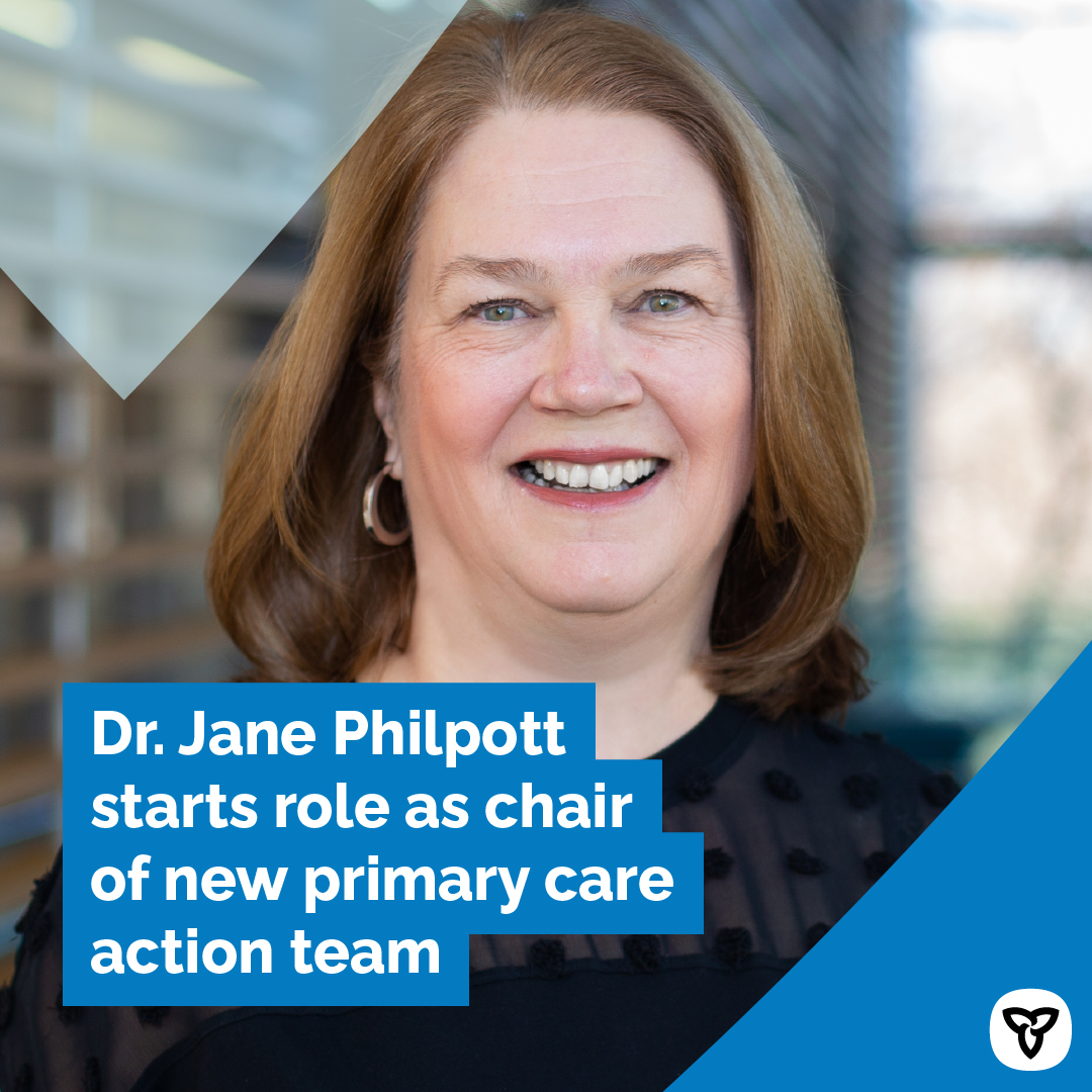 Today is an exciting day as we mark Dr. Jane Philpott's first day as Chair of our government's Primary Care Action Team.

This new role and team will build on our government’s work to date to connect every Ontarian who wants a primary care provider to one in the next 5 years.
