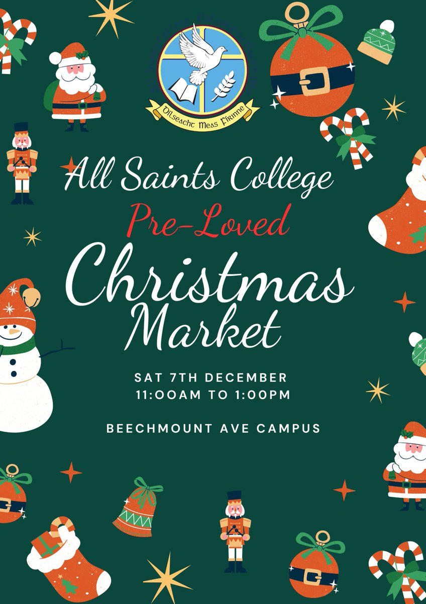 All Saints College Pre-Loved Christmas Market is back again this year, on Saturday 7th December on our Beechmount Avenue Campus.  All welcome!!!
Students are asked to bring in donations of books, toys, games in excellent condition or small unwanted gifts.🎅 🧑‍🎄 🎄 🎁