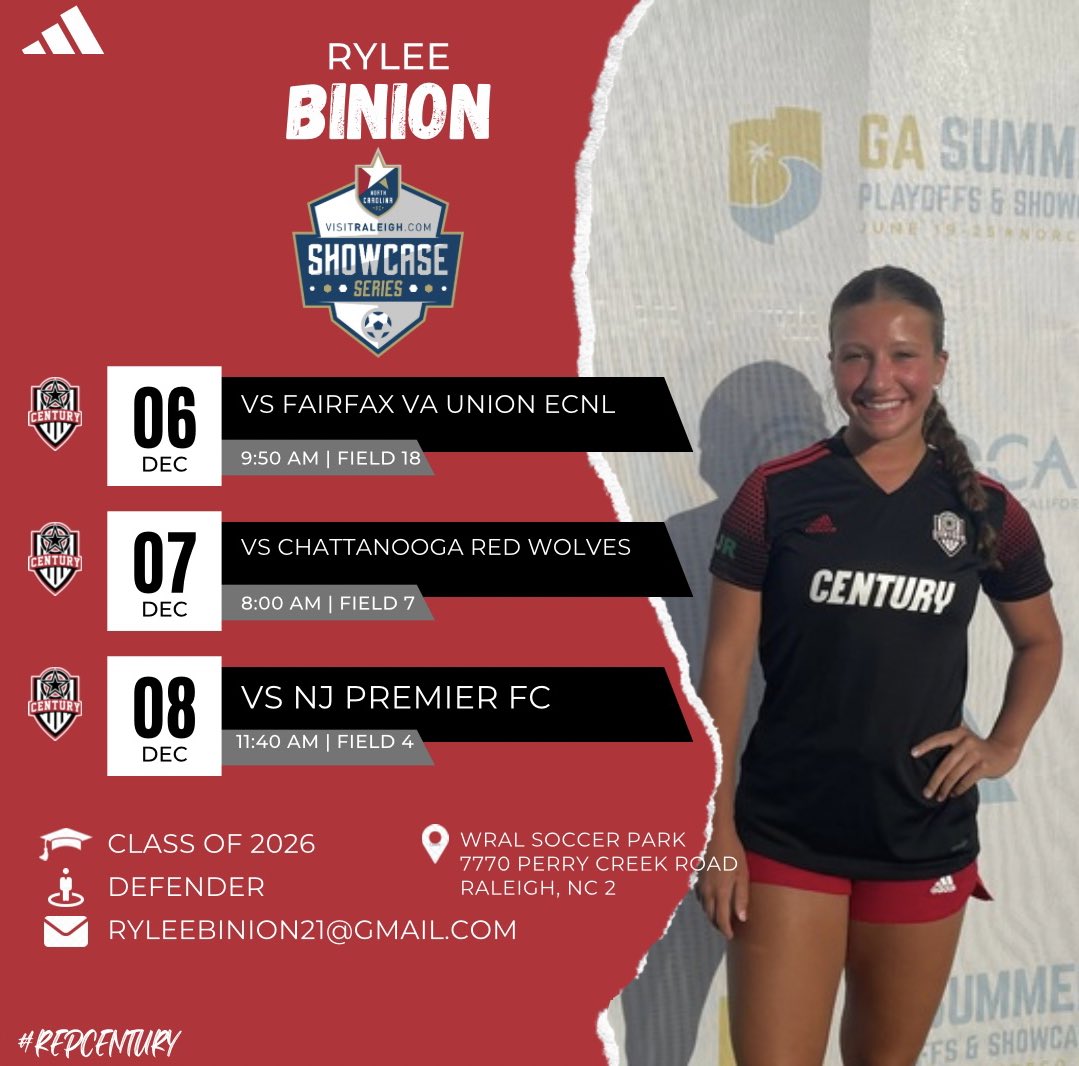 Rylee Binion (@ryleebinion) on Twitter photo I am very excited to be attending the <a href="/NCFC_Youth/">NCFC Youth</a> Showcase this upcoming week in Raleigh, NC! Below is me and my <a href="/Century08GA/">Century 2008 GA</a> team’s schedule for the weekend.
<a href="/TopDrawerSoccer/">TopDrawerSoccer</a> <a href="/PrepSoccer/">Prep Soccer ⚽️</a> <a href="/TheSoccerWire/">SoccerWire</a> <a href="/scoutingzone/">ScoutingZone®</a> <a href="/ImYouthSoccer/">ECNL/GA/Recruiting/College Soccer</a> <a href="/CoachEMarshall/">Erica Marshall</a> <a href="/Century_Utd/">Century United</a> I am very excited to be attending the <a href="/NCFC_Youth/">NCFC Youth</a> Showcase this upcoming week in Raleigh, NC! Below is me and my <a href="/Century08GA/">Century 2008 GA</a> team’s schedule for the weekend.
<a href="/TopDrawerSoccer/">TopDrawerSoccer</a> <a href="/PrepSoccer/">Prep Soccer ⚽️</a> <a href="/TheSoccerWire/">SoccerWire</a> <a href="/scoutingzone/">ScoutingZone®</a> <a href="/ImYouthSoccer/">ECNL/GA/Recruiting/College Soccer</a> <a href="/CoachEMarshall/">Erica Marshall</a> <a href="/Century_Utd/">Century United</a>