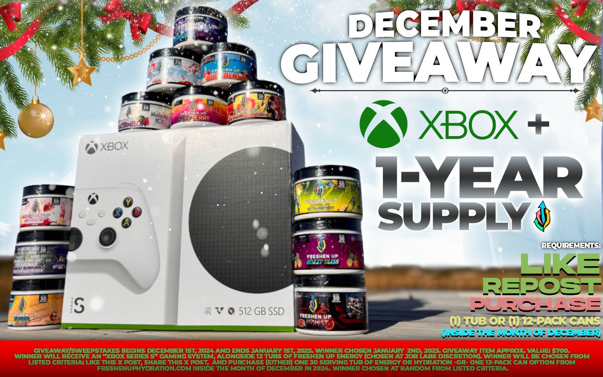 DrinkFreshenUp's tweet image. 🚨🎁HUGE GIVEAWAY!🎁🚨

XBOX SERIES S + 1-YEAR SUPPLY of Freshen Up Energy!🎮⚡️🥤

LIKE👍
 REPOST♻️
🛒Purchase any energy/hydration tub OR 12-Pack cans in December! That's it!

Get started here!
👉freshenuphydration.com/shop

🎉Winner Chosen 01/2/2025🎉
#DrinkFreshenUp #Giveaway