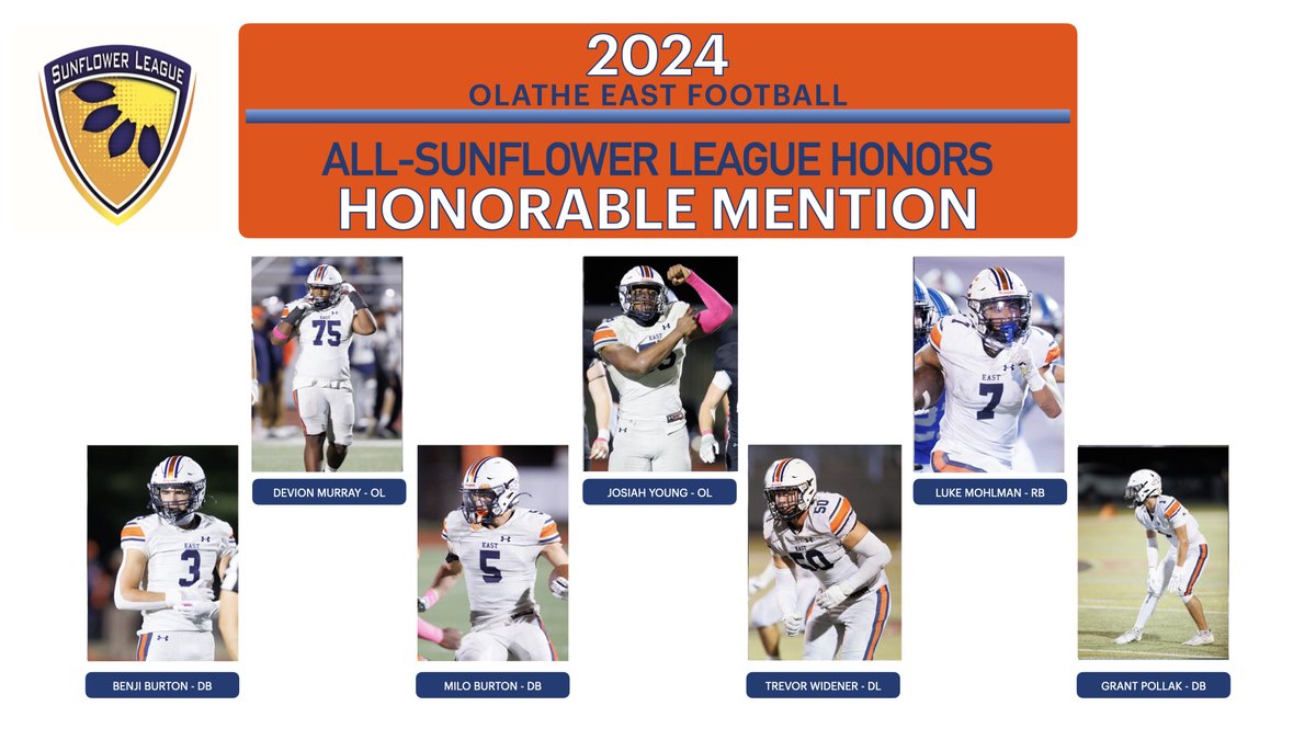 OE 2024 Sunflower League Honors
.
1st TEAM: Jake Mohlman, Joisah Young
.
2nd TEAM: Carter Gooding, Grant Pollak
.
HONORABLE MENTION: Benji Burton, Devion Murray, Milo Burton, Josiah Young, Trevor Widener, Luke Mohlman, Grant Pollak