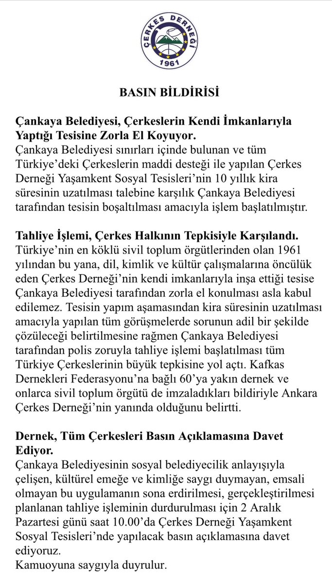 Çankaya Belediyesi, Çerkeslerin Kendi İmkanlarıyla Yaptığı Tesisine Zorla El Koyuyor! Sosyal belediyecilik anlayışıyla çelişen, kültürel emeğe ve kimliğe saygı duymayan, bu uygulamanın sona erdirilmesini istiyoruz. 
#cerkesderneginedokunma <a href="/cankayabelediye/">Çankaya Belediyesi</a> <a href="/ozgurozelnerede/">ÖzgürÖzelNerede</a> #CHP