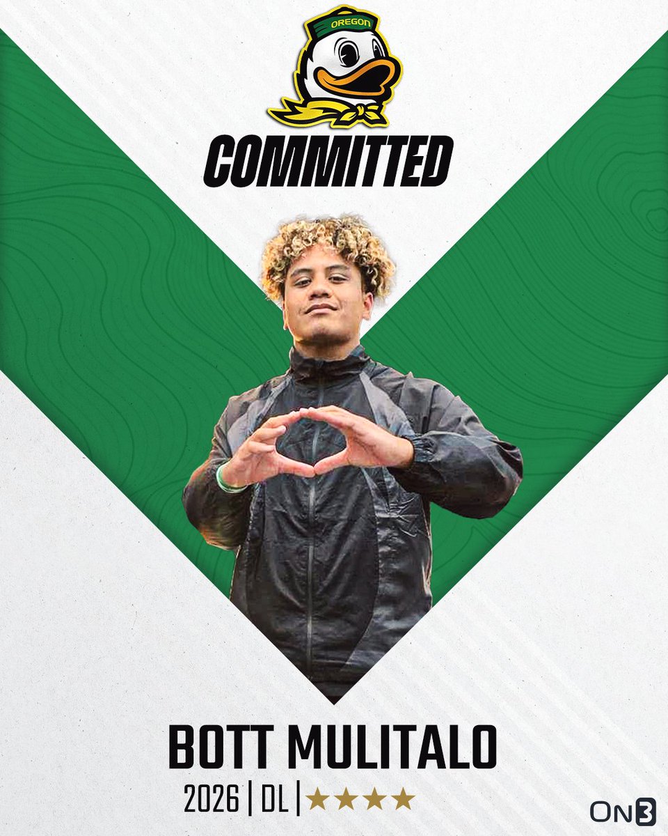 🚨BREAKING🚨 2026 4-star DL Bott Mulitalo has committed to Oregon, per <a href="/Hayesfawcett3/">Hayes Fawcett</a>🦆 

Mulitalo ranks No. 115 NATL. (No. 11 DL) in the 2026 class‼️

Read: on3.com/news/2026-4-st…