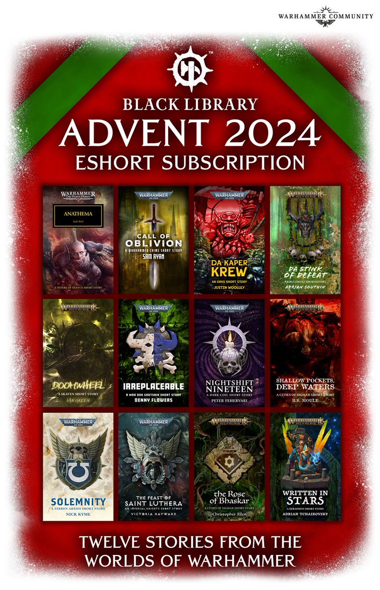 Victoria Hayward (@writervh) on Twitter photo It's Black Library advent time 😍
'The Feast of Saint Luthera' is my first outing with Imperial Knights 🖤
Bundle drops tomoz with a cheeky story landing every other day! Tales from fab folk including <a href="/NickKyme/">Nick Kyme</a> <a href="/aptshadow/">Adrian Tchaikovsky</a> <a href="/Woollz/">Justin Woolley</a> @squintywitch It's Black Library advent time 😍
'The Feast of Saint Luthera' is my first outing with Imperial Knights 🖤
Bundle drops tomoz with a cheeky story landing every other day! Tales from fab folk including <a href="/NickKyme/">Nick Kyme</a> <a href="/aptshadow/">Adrian Tchaikovsky</a> <a href="/Woollz/">Justin Woolley</a> @squintywitch