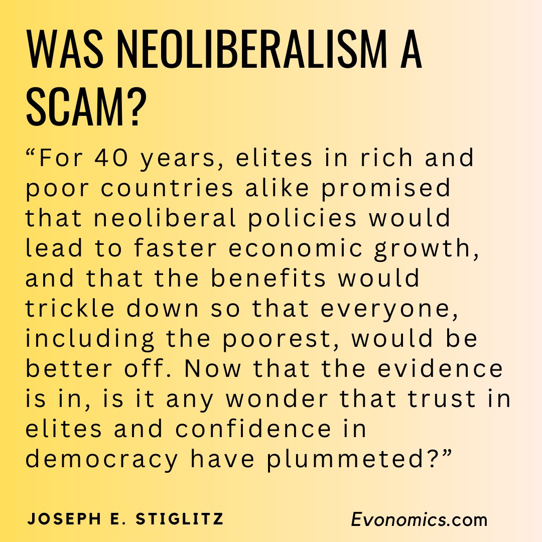 EvonomicsMag's tweet photo. Nobel Laureate @stiglitzian: "The elites claimed that their promises were based on scientific economic  models and “evidence-based research.” Well, after 40 years, the numbers  are in: growth has slowed, and the fruits of that growth went  overwhelmingly to a very few at the top. As wages stagnated and the  stock market soared, income and wealth flowed up, rather than trickling  down." Read more: https://t.co/IpmhFOrnMQ