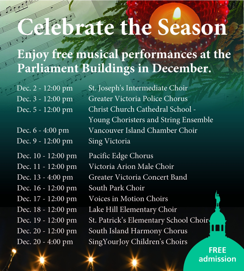 Starting tomorrow - get into the spirit of the season with musical performances by local community choirs and bands at #BCLeg in December! Concerts are free and are held in the Upper Rotunda. See the full schedule: bcleg.ca/specialprograms.