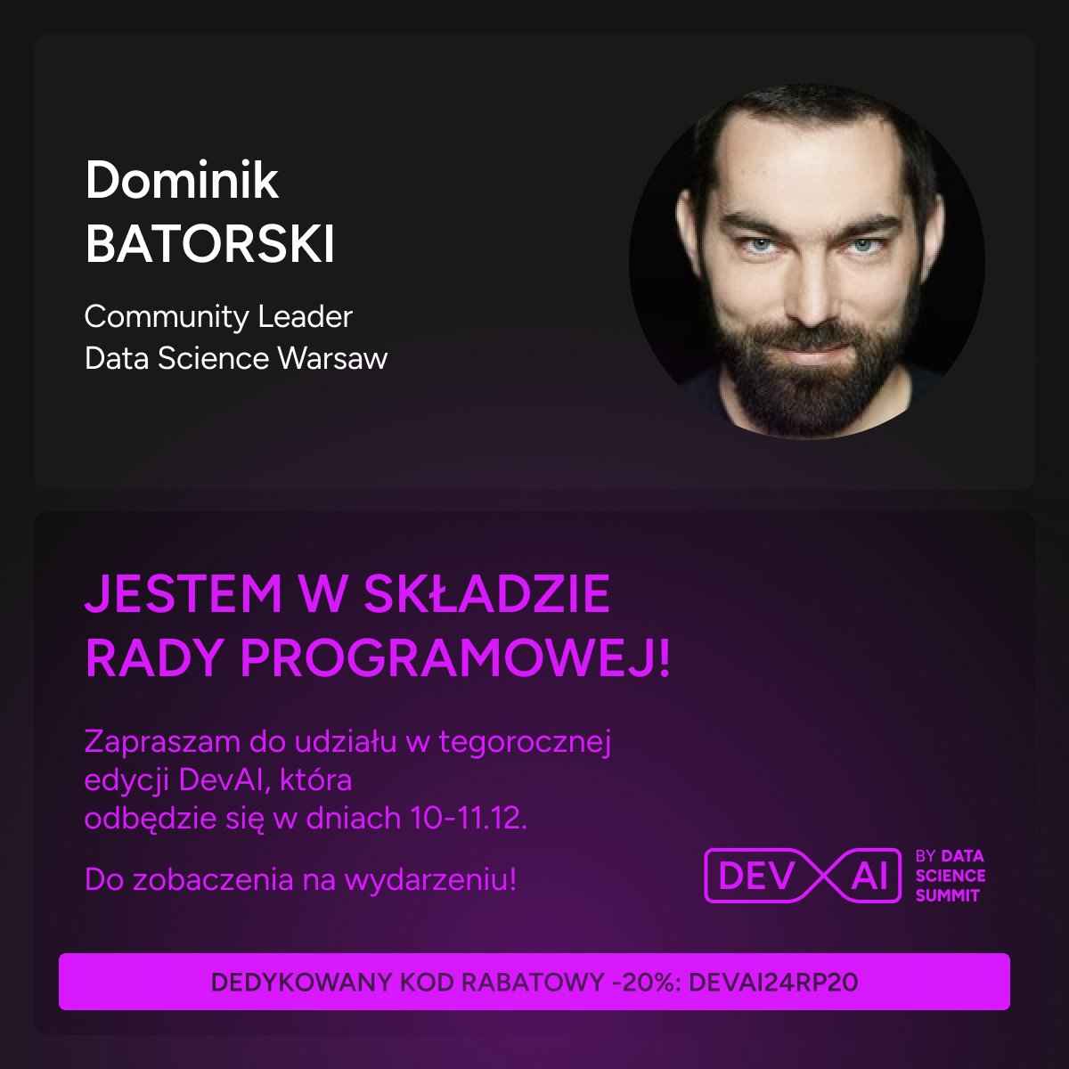 10-11.12 zapraszam na DevAI 2024 by DSS - konferencję o budowaniu, wdrażaniu i utrzymaniu rozwiązań opartych o #GenerativeAI oraz o wykorzystania #AI w programowaniu. Z kodem rabatowym: DEVAI24RP20 bilet Standard lub Executive 20% taniej.
Więcej na: devai.dssconf.pl/pl/