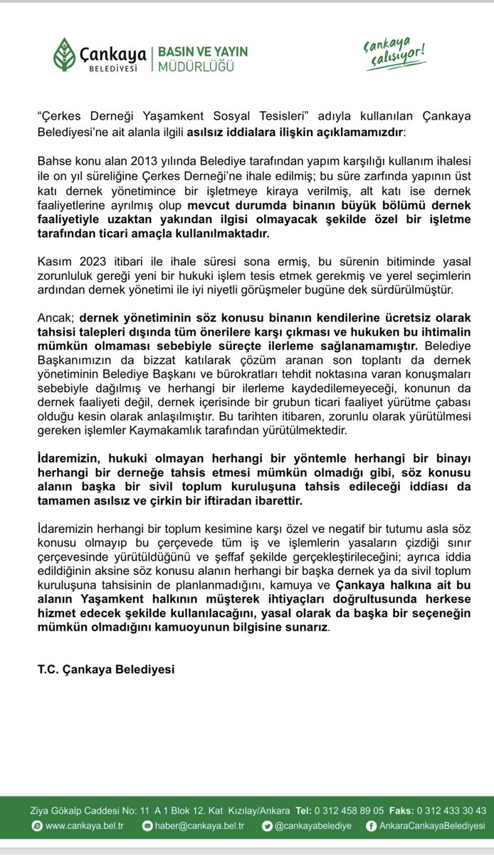 Açık açık söylüyorum yalancısınız <a href="/cankayabelediye/">Çankaya Belediyesi</a> ! Kimse ücretsiz tahsis falan istemedi. Kendi emeğimizle yaptığımız yerde verilen sözlerin tutulmasını istedik. Dernek içerisinde bir grup ticari faaliyet yürütme çabasındaymış.😡 yazıklar olsun size! #cerkesderneginedokunma