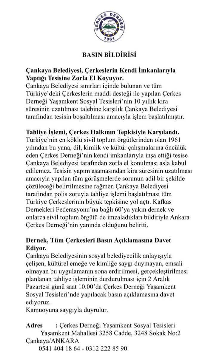 Yaşamkent Tesisi Çerkes halkının alın teridir!
#kültürümüzedokunma #ÇerkesEmeğineDokunma
#cerkesderneginedokunma
<a href="/hcanguner/">Hüseyin Can Güner</a>
<a href="/eczozgurozel/">Özgür Özel</a>
<a href="/mansuryavas06/">Mansur Yavaş</a>
<a href="/herkesicinCHP/">CHP 🇹🇷</a>
<a href="/fethiyasar/">Fethi Yaşar</a> 
<a href="/ekrem_imamoglu/">Ekrem İmamoğlu</a> 
<a href="/avgulsahdeniz/">Gülşah DENİZ-ATALAR</a>
<a href="/selinsayekboke/">Selin Sayek-Böke🇹🇷</a>
<a href="/profdrhalukkoc/">HALUK KOÇ</a>
<a href="/veliagbaba/">Veli Ağbaba</a>
<a href="/alimahir/">Ali Mahir Başarır</a>