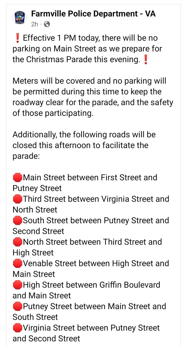 Please plan your routes accordingly this afternoon as we and the Farmville Police Department prepare for the Christmas parade.