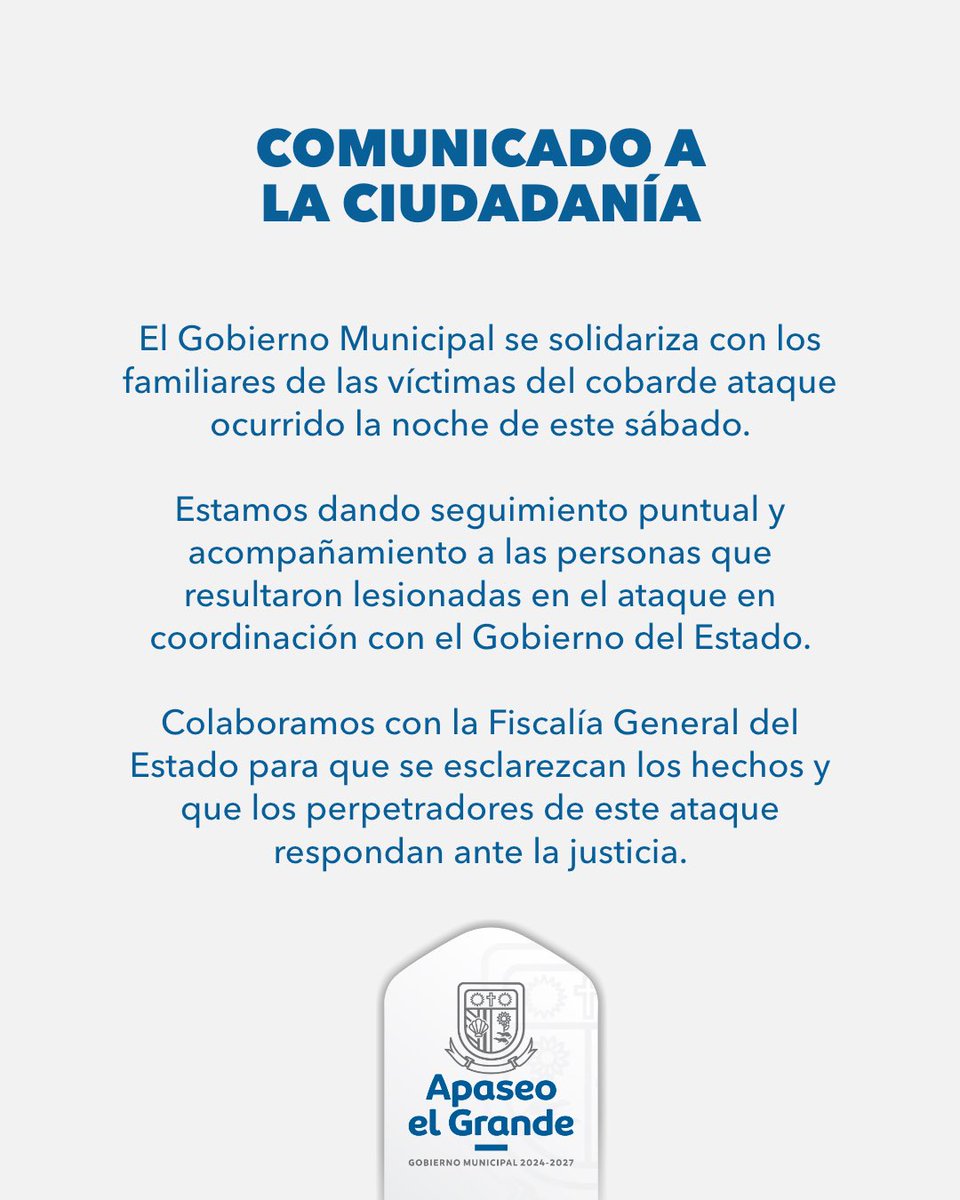 El Gobierno Municipal se solidariza con los familiares de las víctimas del cobarde ataque ocurrido la noche de este sábado.
