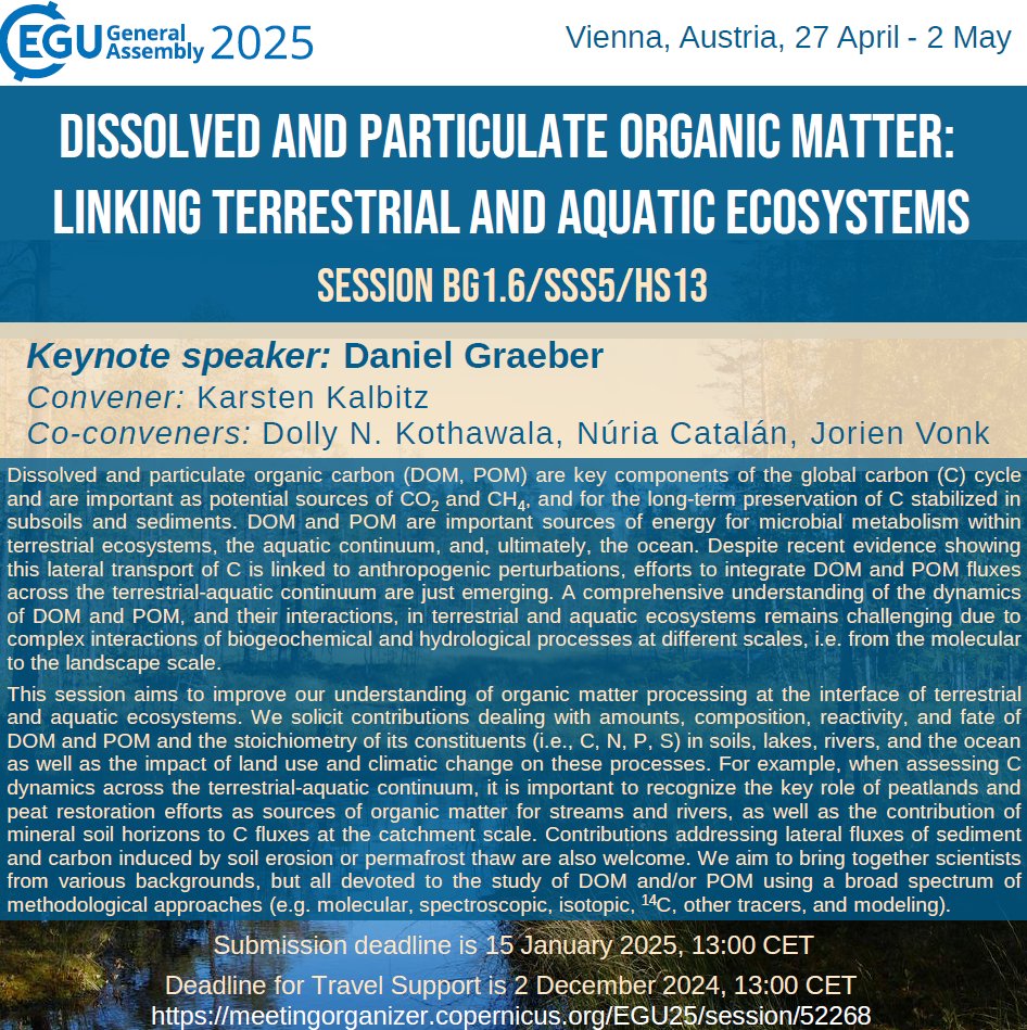 Jorien Vonk (@poolvonk) on Twitter photo We organise a cool session at EGU with invited speaker Daniel Graeber. We are welcoming abstracts! With @NCatalanGarcia <a href="/DollyKothawala/">Dolly Kothawala</a> and Karsten Kalbitz We organise a cool session at EGU with invited speaker Daniel Graeber. We are welcoming abstracts! With @NCatalanGarcia <a href="/DollyKothawala/">Dolly Kothawala</a> and Karsten Kalbitz