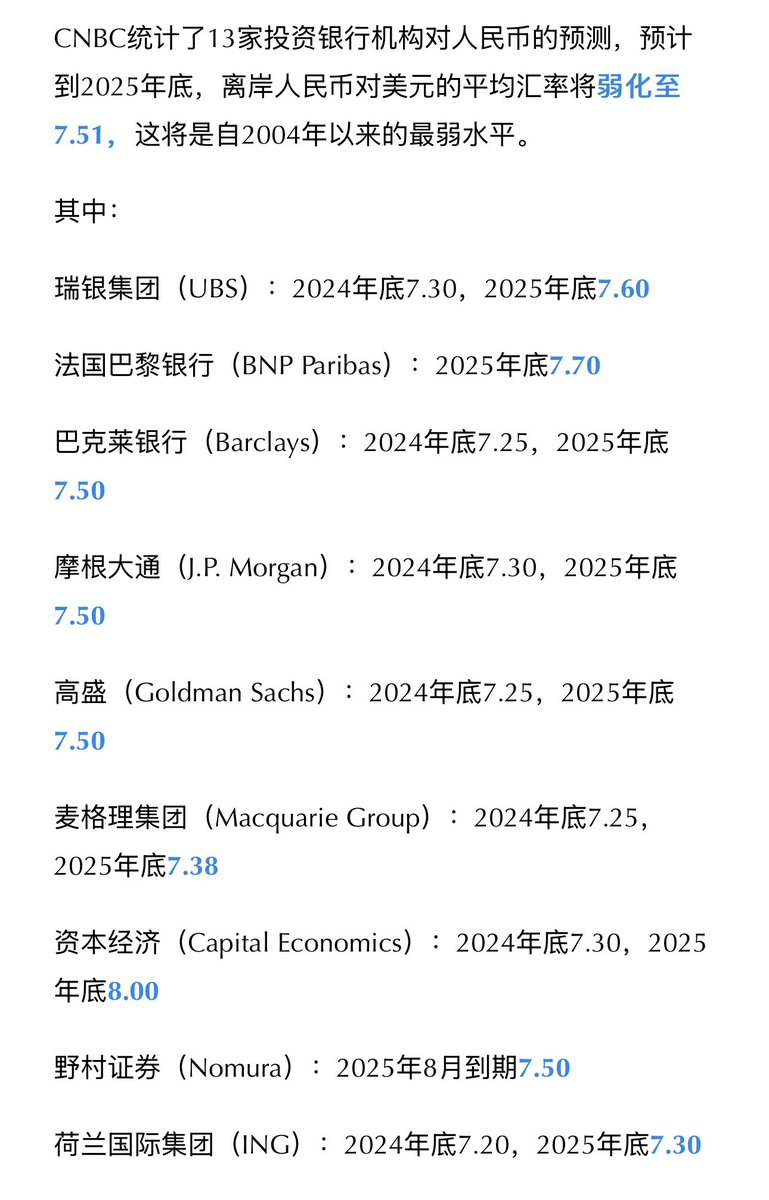 CNBC总结的13家金融机构预测的人民币汇率