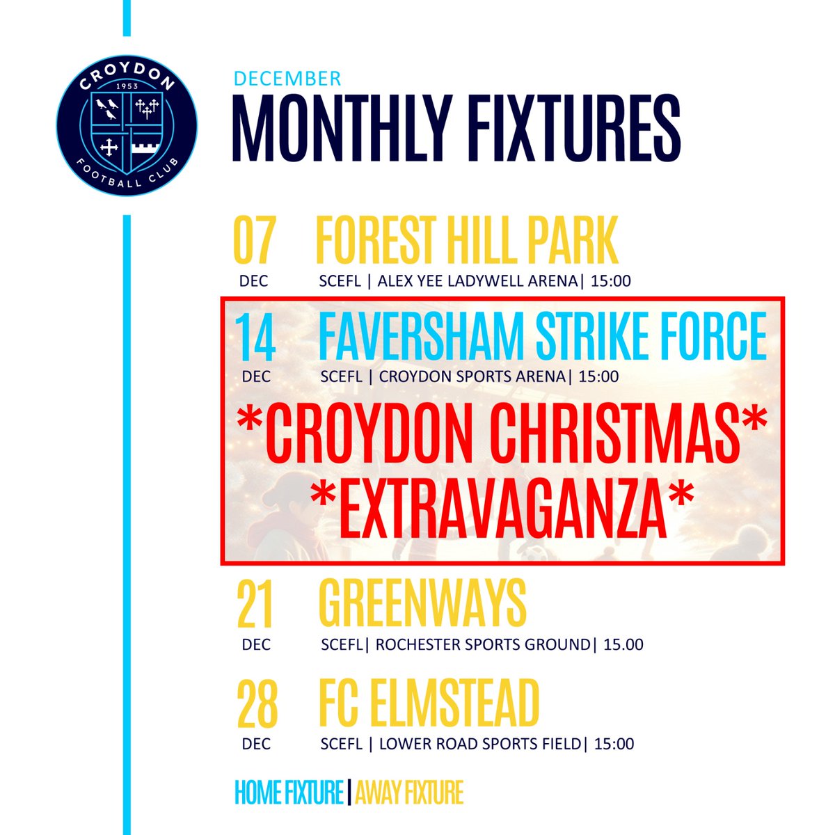 Croydon FC (@croydon_fc) on Twitter photo Here are <a href="/Croydon_FC/">Croydon FC</a>'s fixtures for December. Only one home fixture, taking place on Saturday 14 December against <a href="/StrikeForce_FC/">Faversham Strike Force FC ⚡️</a>. #getonboard and #supportyourlocalteam #dingding Here are <a href="/Croydon_FC/">Croydon FC</a>'s fixtures for December. Only one home fixture, taking place on Saturday 14 December against <a href="/StrikeForce_FC/">Faversham Strike Force FC ⚡️</a>. #getonboard and #supportyourlocalteam #dingding