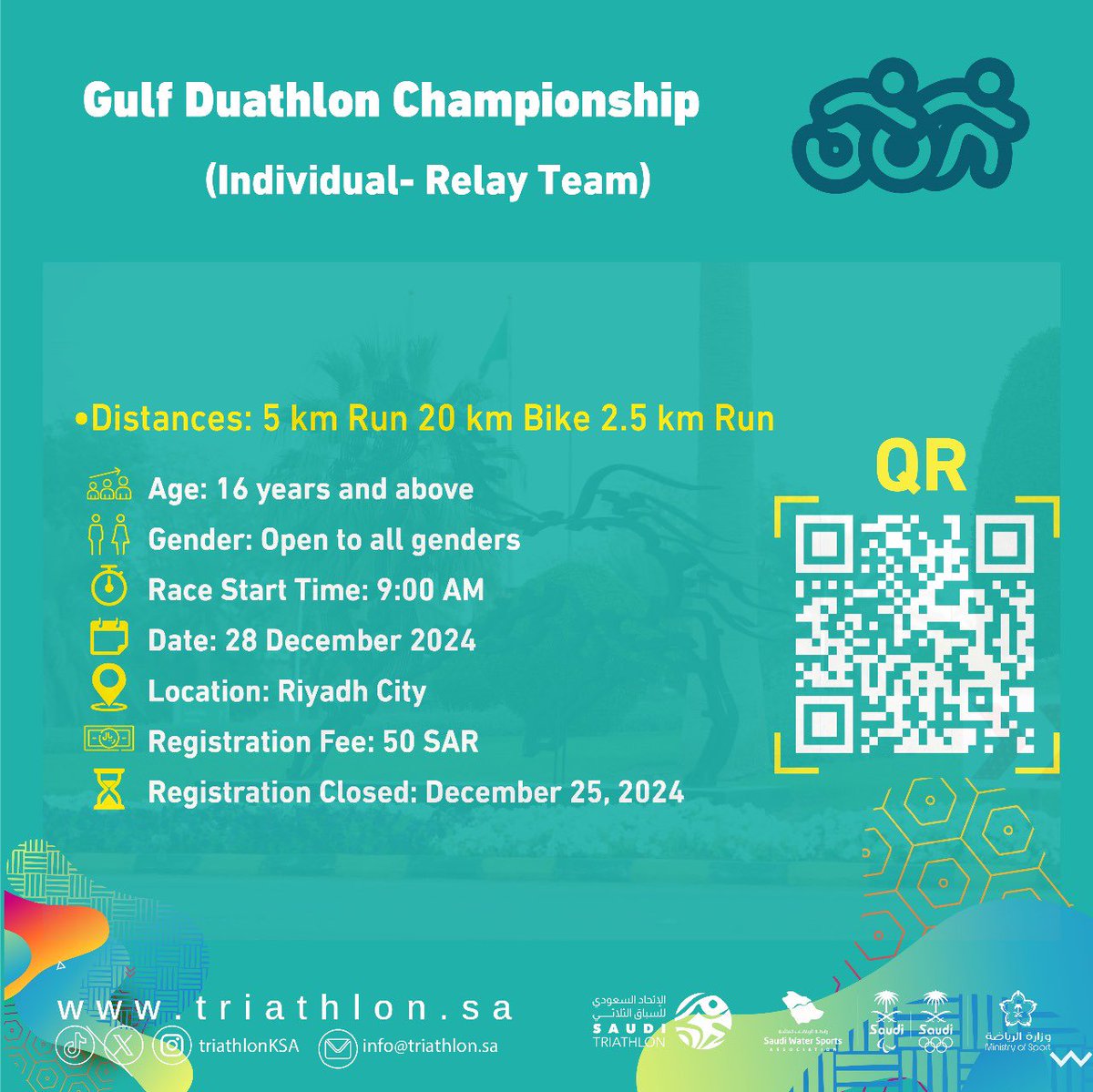 TriathlonKSA's tweet image. 📣

تم فتح التسجيل لبطولة  #دواثلون_الخليج 🏃🏻🚴🏼🏃🏻
انضموا إلينا وكونوا جزءًا من التحدي!😎
في مدينة الرياض 🔥
🔗 my.raceresult.com/318870/

📣

Registration for the #Gulf_Duathlon 🏃🏻🚴🏼🏃🏻
Championship is now open!
Join us and be part of the challenge! 😎
in Riyadh City 🔥
🔗…