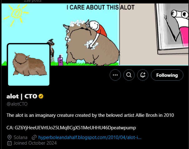 chirhosol's tweet photo. @NFTMystic1 $alot 

- certified CTO
- devs working everyday (just requested on Coingecko Request ID: CL0112240045)
- easy to meme ALOT
- active TG

can't believe this isn't worth 50 times more

GZ6YjHeeUEVrtUo25LMqBCgX51MeUHHU46Dpeatwpump https://t.co/FdyYkS1qEp