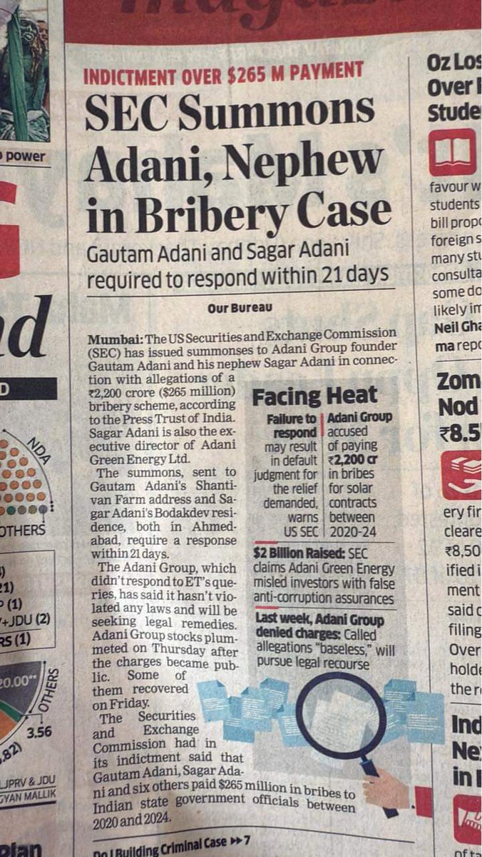 vinodgill01's tweet photo. भारतीय SEBI के समतुल्य अमेरिका की SEC ने गौतम अड़ानी और उनके भतीजे सागर अड़ानी को सम्मन भेजा है । अहमदाबाद के उनके पते पर भेजे सम्मन का जवाब इक्कीस दिन में दाखिल करना है । https://t.co/aJo7BYOaEB