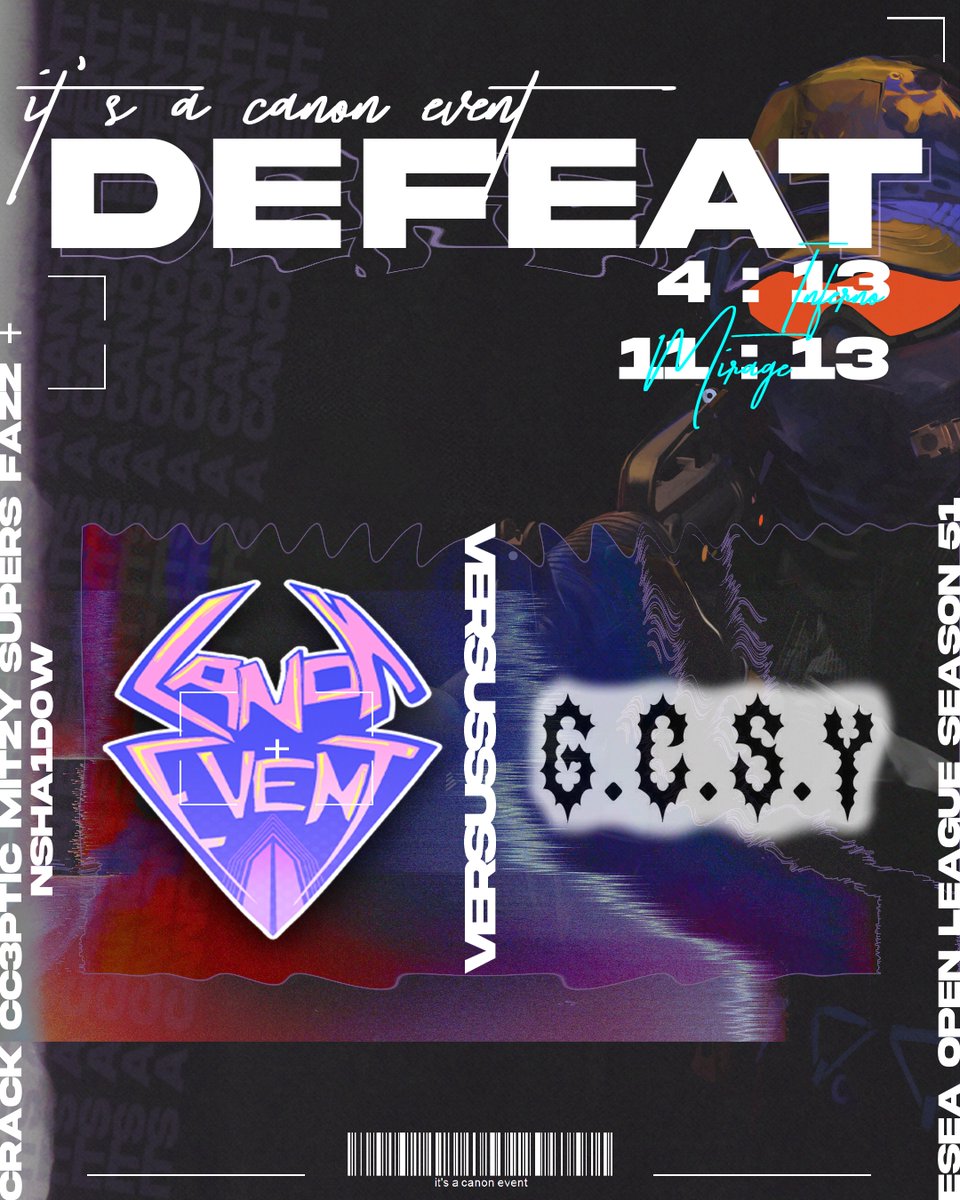 A day late but who's counting...

Unfortunately after a uncharacteristic performance by us, we've been knocked out of the ESEA open playoffs

GGWP <a href="/GCSYesports/">G.C.S.Y</a> you fought hard and won a deserved victory.

We'll come back next season stronger and better than ever! 
#CanonEvent