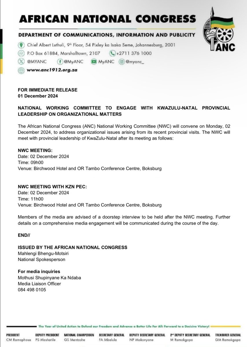 MYANC's tweet image. NATIONAL WORKING COMMITTEE TO ENGAGE WITH KWAZULU-NATAL PROVINCIAL LEADERSHIP ON ORGANIZATIONAL MATTERS

#LetsDoMoreTogether