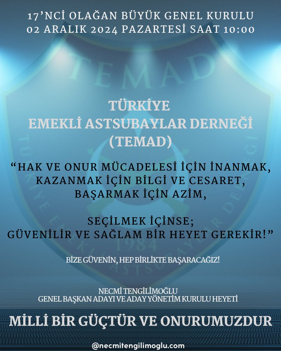 ♥️| Çıktığımız yolun çok meşakkatli olduğunu ve sizlerin haklarını sırtımızda taşıdığımızın kalben bilincindeyiz!

Genel Kurul Seçim sürecinin camiamıza hayırlı olmasını temenni ederiz,

Aday olan tüm Genel Başkan ve Heyetlerine başarılar dileriz,

“Kazanan TEMAD’ımız olsun”
