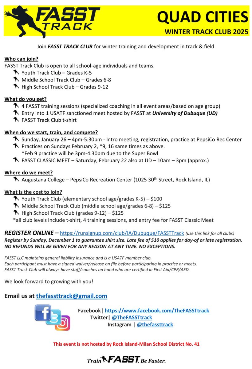 🚨EARLY REGISTRATION CLOSES TODAY🚨 

Dubuque is almost full! 💪
Quad Cities has room in all 3 levels. 👋

GET SIGNED UP❗️

🔗 runsignup.com/Club/IA/Dubuqu…

#trackandfield