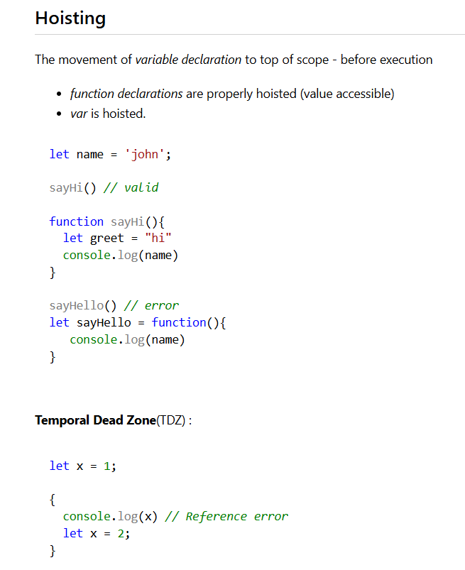 Ajay_Goswami_07's tweet image. 🚀 Day 1 of the #30DayChallenge: Diving into JavaScript fundamentals! 💡
🔍 Variable Shadowing
🌀 Temporal Dead Zone (TDZ): Variables aren’t accessible until declared.
📦 Hoisting
#LearnJavaScript #LearnInPublic #CONNECT #developers