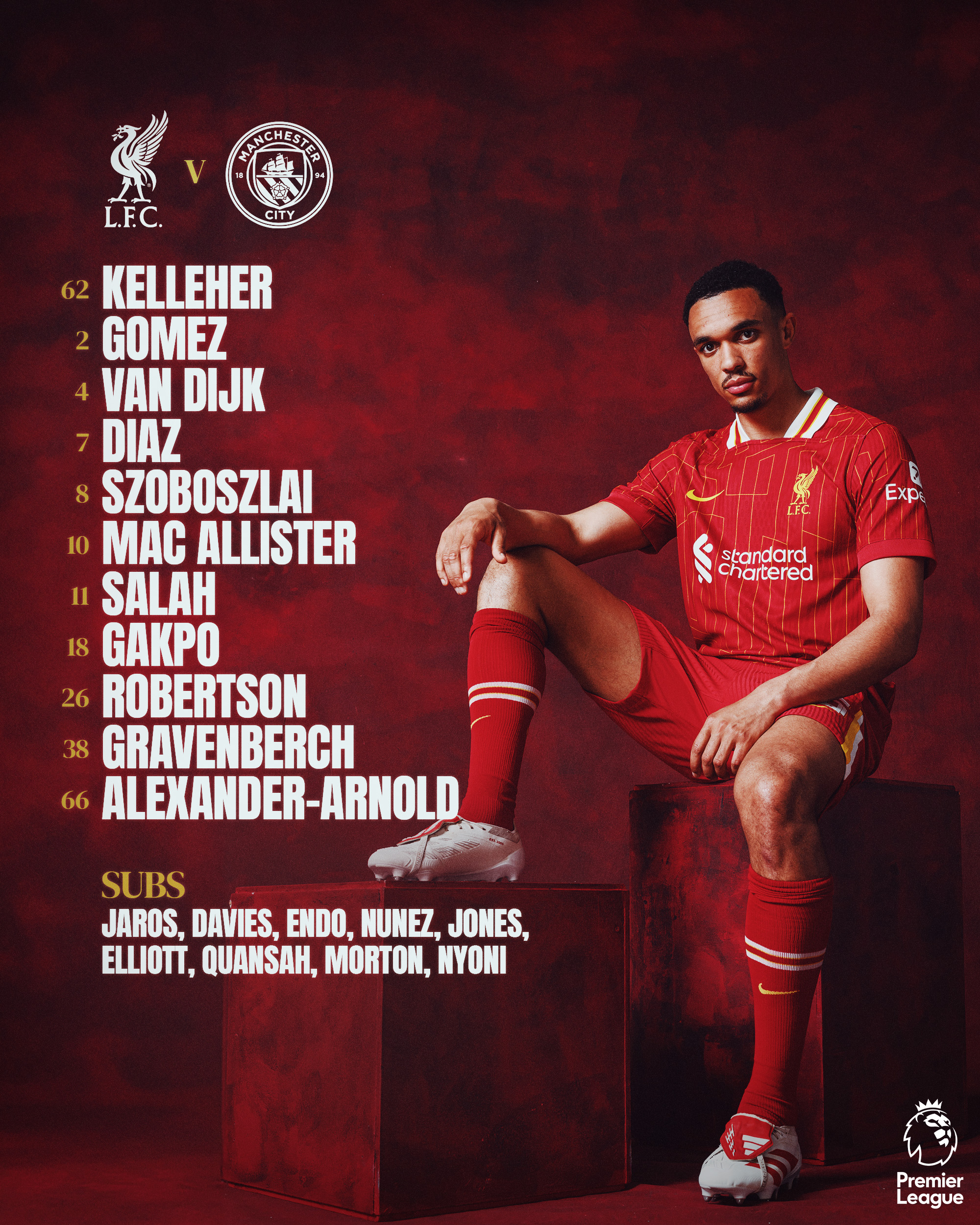 Starting 11 graphic for Liverpool in Liverpool vs Manchester City:

Starting 11: Kelleher, Gomez, Van Dijk, Diaz, Szoboszlai, Mac Allister, Salah, Gakpo, Robertson, Gravenberch, Alexander-Arnold

Subs: Jaros, Davies, Endo, Nunez, Jones, Elliott, Quansah, Morton, Nyoni