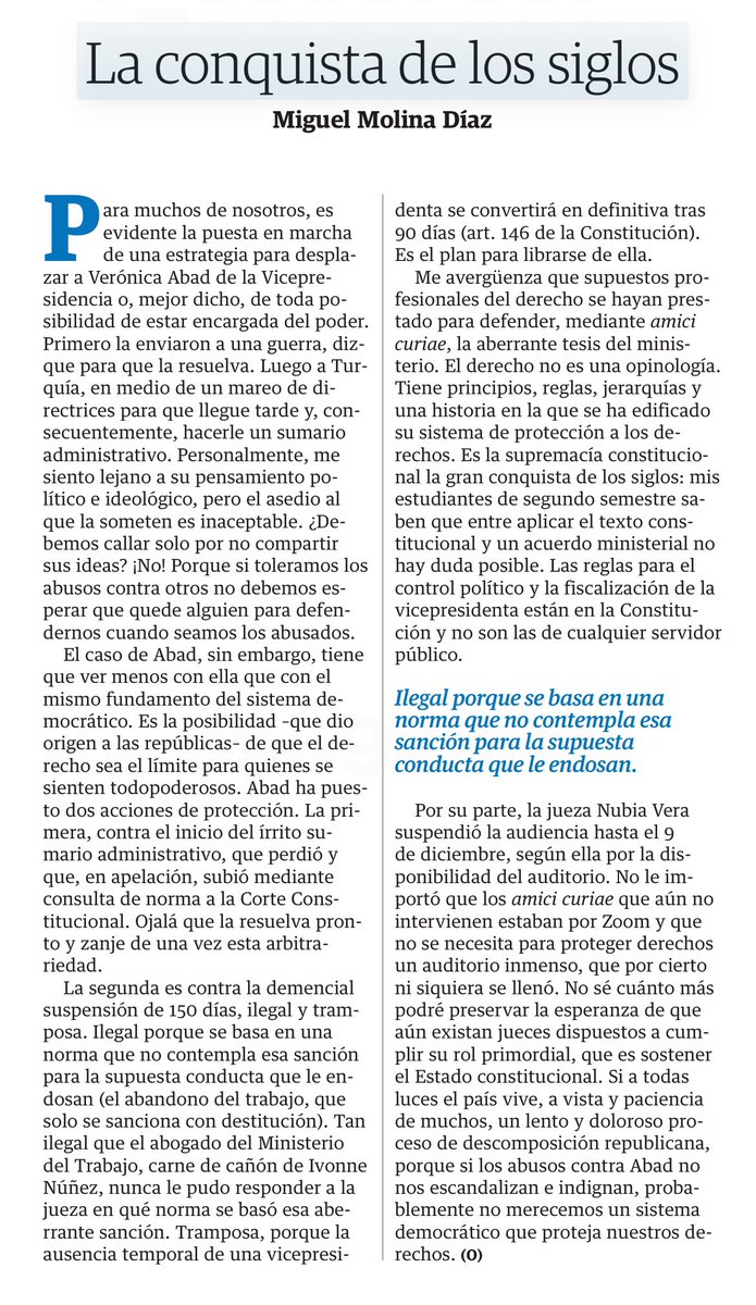 miguelmolinad's tweet photo. MI COLUMNA
‘La conquista de los siglos’

Mi defensa del Estado constitucional y la supremacía del texto constitucional, a propósito del asedio en contra de vicepresidenta @veroniabad. 

Todo jurista debería rechazar la aberración del @MinTrabajoEc 

Link: https://t.co/wEeHKNoguG https://t.co/qGxsCbaZUQ