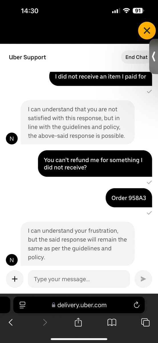 c_0_n_'s tweet photo. @McDonaldsUK @Uber this is THE worst customer experience I have ever experienced in the UK. How can you get away with this? This is theft.
Order no: 958A3
Support agent: nnavee13 https://t.co/W4MqIySCYi