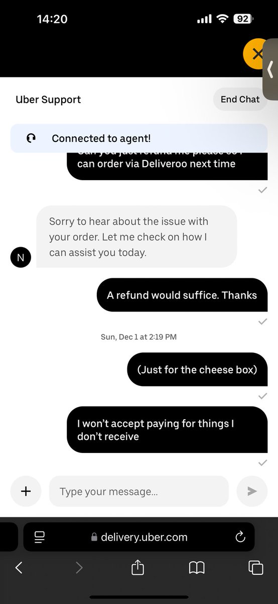 c_0_n_'s tweet photo. @McDonaldsUK @Uber this is THE worst customer experience I have ever experienced in the UK. How can you get away with this? This is theft.
Order no: 958A3
Support agent: nnavee13 https://t.co/W4MqIySCYi
